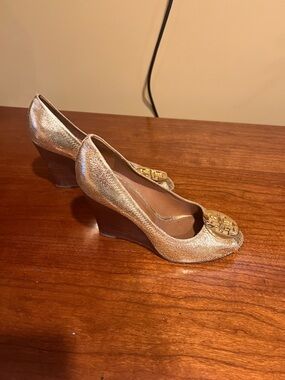Tory Burch Gold Metallic Wedge Heels with Logo Emblem